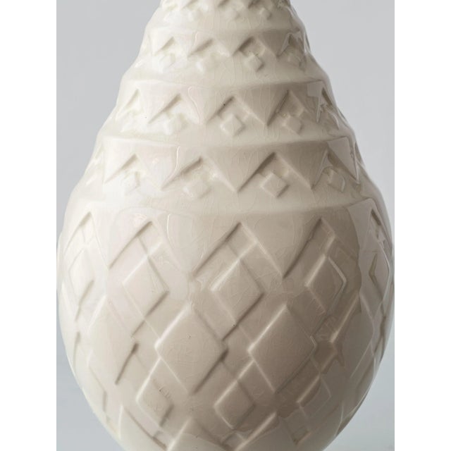 Metal Antique Art Deco Ceramic Table Lamp with New Silk Ikat Shade by Charles Catteau For Sale - Image 7 of 11