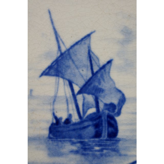 Blue Antique Dutch Delft Cobalt Blue Nautical Maritime Rowboat Sailboats Ship Tile 6" For Sale - Image 8 of 11