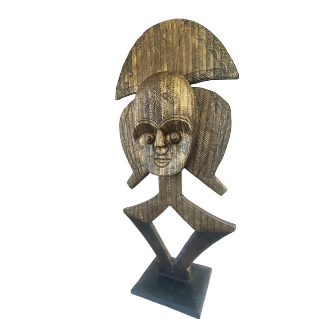 Large African Kota/Bakota Bronze wood sculpture Gabon w/ black custom wood stand .This Huge Reliquary Mask is crafted of...