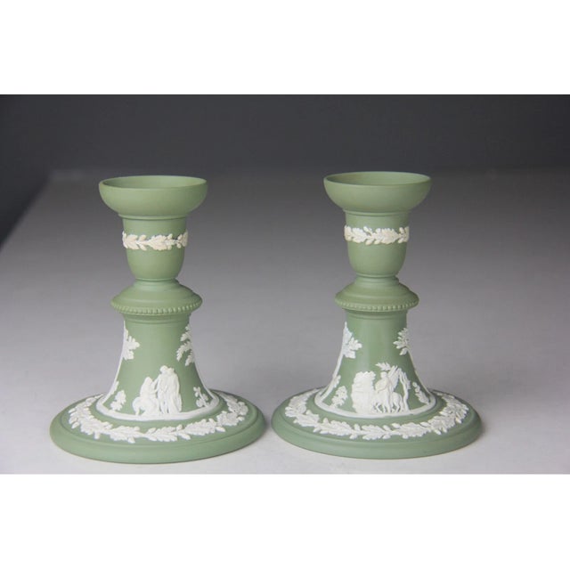 Mid-Century Modern Vintage Wedgwood Green Jasperware White Cameo Candle Candlesticks-Set of 2 For Sale - Image 3 of 7