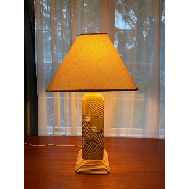 Postmodern 1980s Postmodern Dynasty Gallery Geometric Plaster Monumental Table Lamp With Original Shade & 3-Way Switch For Sale - Image 3 of 12