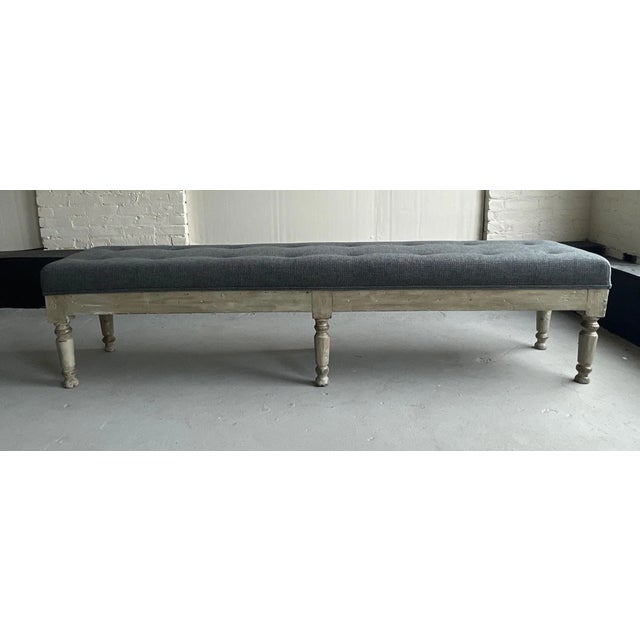 Wood 1980s Large Rustic Turned Leg Tufted Bench For Sale - Image 7 of 12