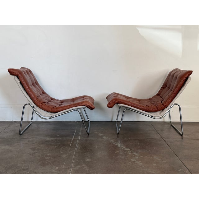 Vintage 1970's Cognac Leather Swedish Lounge Chairs For Sale - Image 4 of 15
