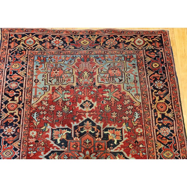 Antique Persian Heriz Serapi Rug, Hand-Knotted Wool, Geometric Pattern, Brick-Red & Blue, 5x7 For Sale - Image 11 of 18