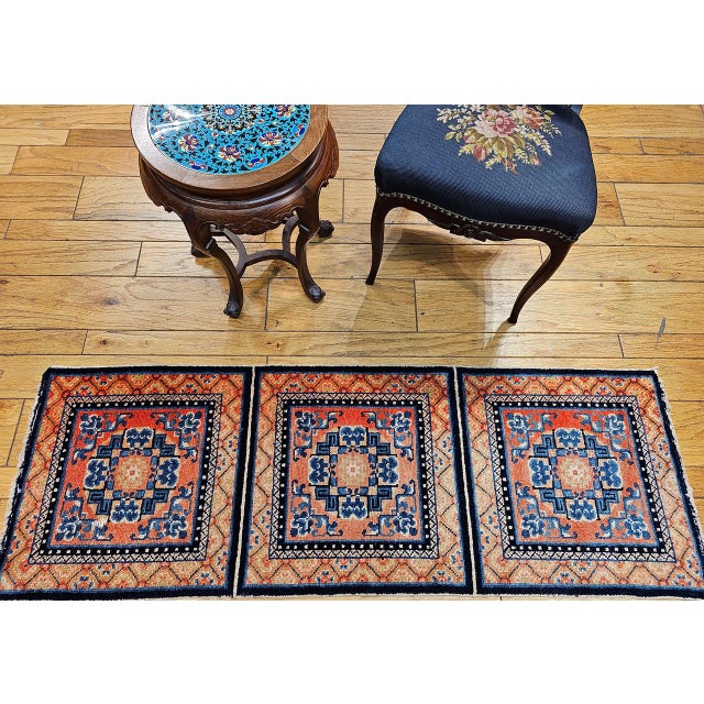 Navy Blue Vintage Tibetan Temple Runner, Wool & Cotton, Lotus & Cloud Motifs, 2' x 6' For Sale - Image 8 of 10