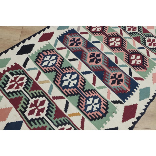White 1960s Scandinavian Style Geometric Design Handmade Oushak Kilim Rug For Sale - Image 8 of 12