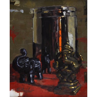 Remover of Obstacles by Calvin Lai | Oil on Wood Panel Still Life of Elephants and a Statue For Sale