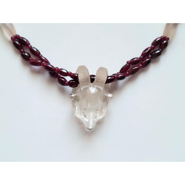 18th Century Artifact Mogul Estate Rock Crystal Ram Head Amulet and Garnet Beads Necklace For Sale - Image 4 of 10