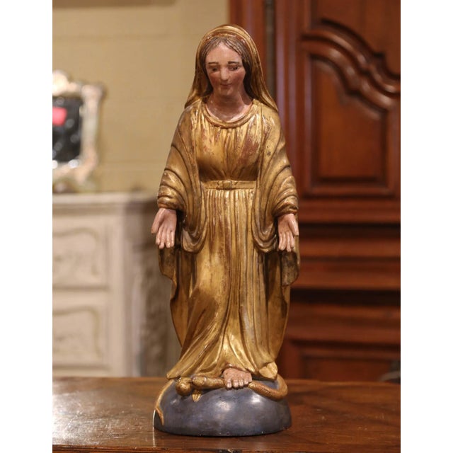 19th Century French Polychrome and Giltwood Virgin Mary Statue For Sale - Image 4 of 10