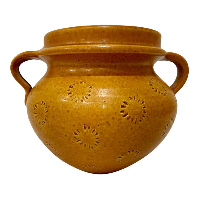 Vk Studio Keramik 1960s Mustard Yellow Orange Handled Velus Vase Jar Germany MCM For Sale
