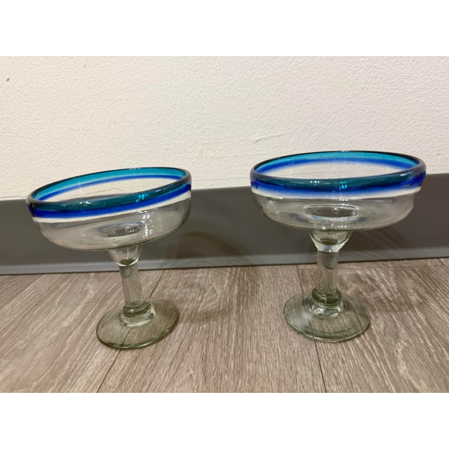 Blue Pair of Blue‑Rim Margarita Glasses For Sale - Image 8 of 10