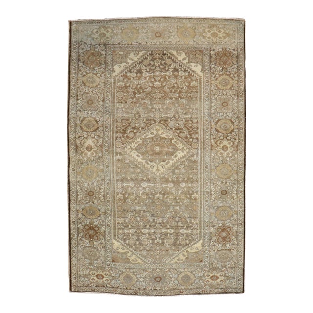 Vintage Zabihi Collection Persian Hamedan Neutral Color Accent Rug - 4'8" x 6'10" For Sale
