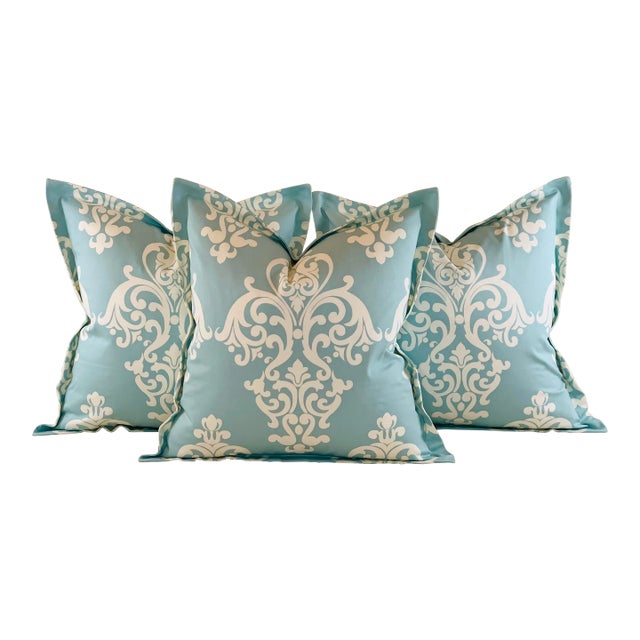 Designer Vicki Payne Free Spirit Aqua & Cream Damask Fleur De Lis Scroll Pillow Covers - Set of 3 For Sale