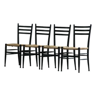 Vintage Italian Papercord Black Dining Chairs with Woven Seat, 1950s, Set of 4 For Sale