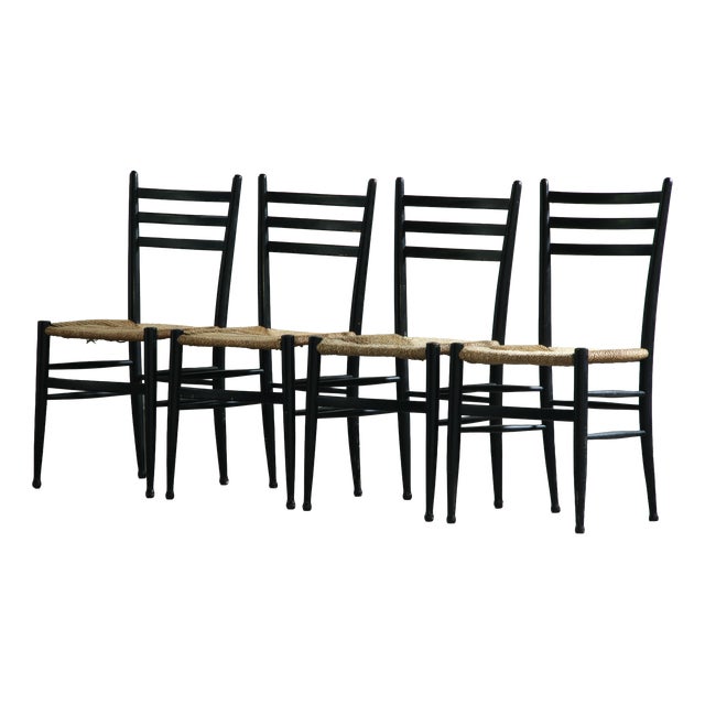 Vintage Italian Papercord Black Dining Chairs with Woven Seat, 1950s, Set of 4 For Sale