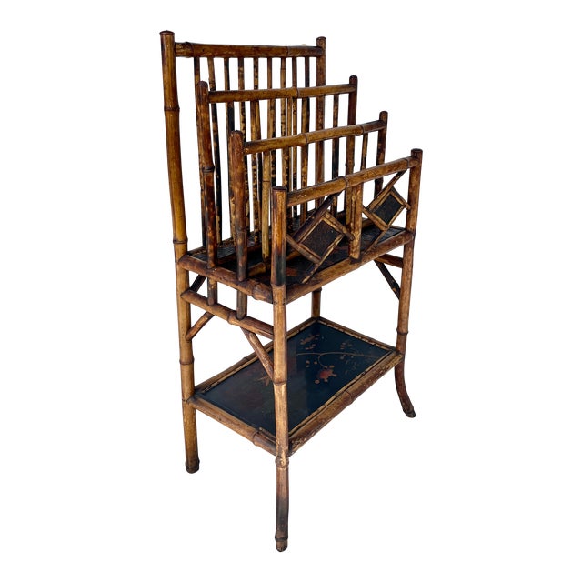 Antique English Chinoiserie Burnt Bamboo Canterbury Magazine Holder For Sale