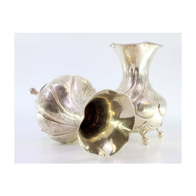 Silver Vases with Engraved Plant Elements, Frieze Edges, Palmettes and Claw-Shaped Feet, Set of 2 For Sale - Image 5 of 8