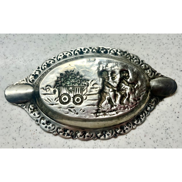Antique 800 Repousse Silver Cherubs Pulling Flower Cart Ashtray Catchall For Sale - Image 4 of 10