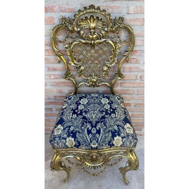 1930s 1930s Italian Rococo Style Giltwood Chair with Rich Blue Damask Upholstery For Sale - Image 5 of 18