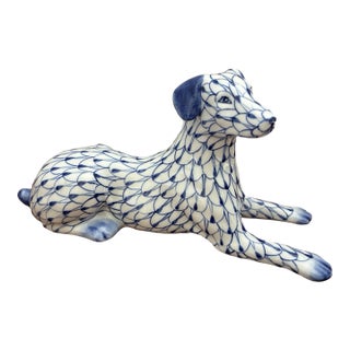 Vintage Andrea by Sadek Herend Style Fishnet, Blue and White Dog Figurine For Sale