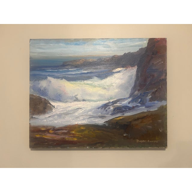 Roger Curtis (1910-2000), Vintage Abstract Coastal Oceanscape, Amazing Blue Hues, Painted On Stretched Canvas, Signed