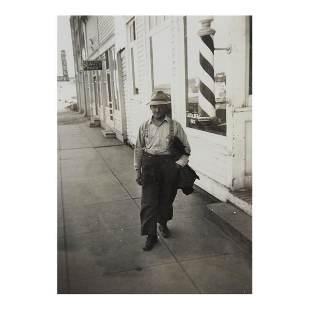 1950s Vernacular Snapshot Photograph Working Man and Barber Pole Cityscape For Sale