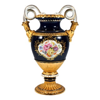 20th Century Snake Handle Vase Cobalt with Flower Painting and Gilding from Meissen, 20th, 1992 For Sale