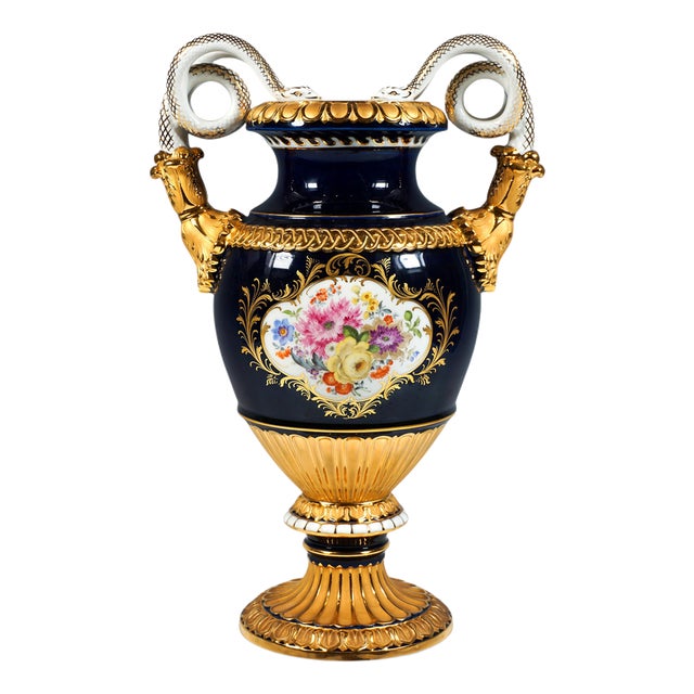 20th Century Snake Handle Vase Cobalt with Flower Painting and Gilding from Meissen, 20th, 1992 For Sale