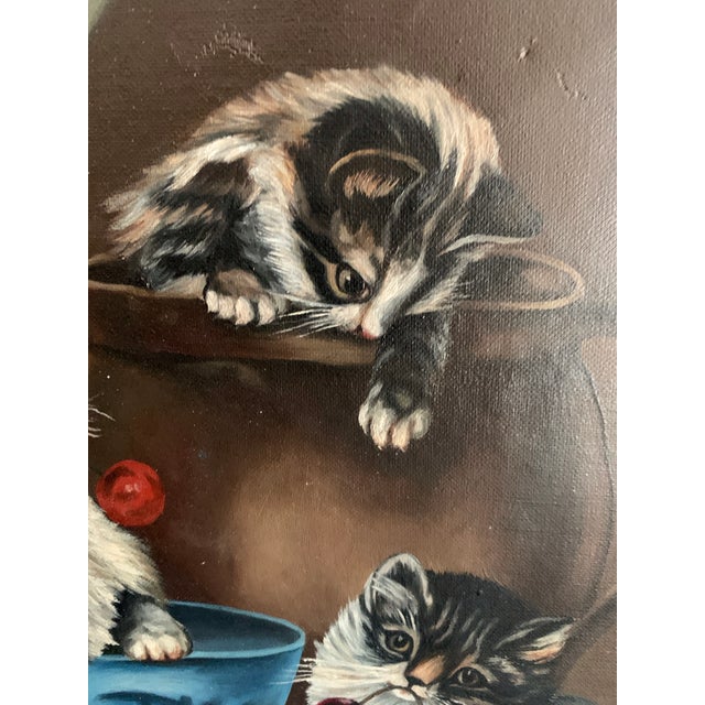 Coffee L. Chaffee Original Victorian Era Antique Oil Painting Three Adorable Kittens Cats Playing Dated 1905 For Sale - Image 8 of 12