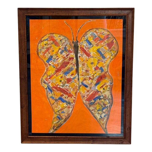 Vintage Peter Passuntino Mosaic Butterfly on Orange Oil Painting - Gold Frame For Sale