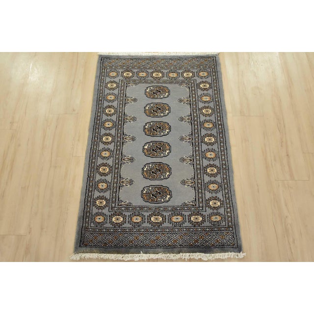 Tribal Bokhara Rug 2’8” X 4’1” Gray Wool Tribal Hand-Knotted Oriental Carpet For Sale - Image 3 of 9