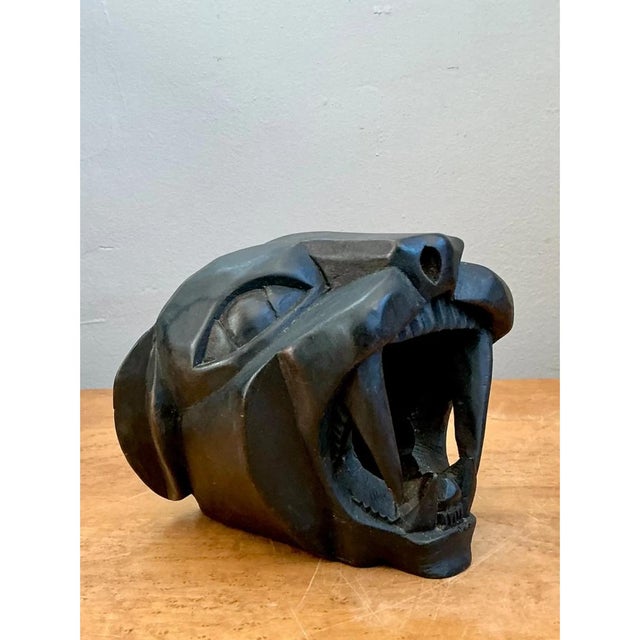 Contemporary Vintage Hand-Carved Wooden Panther Head For Sale - Image 3 of 12