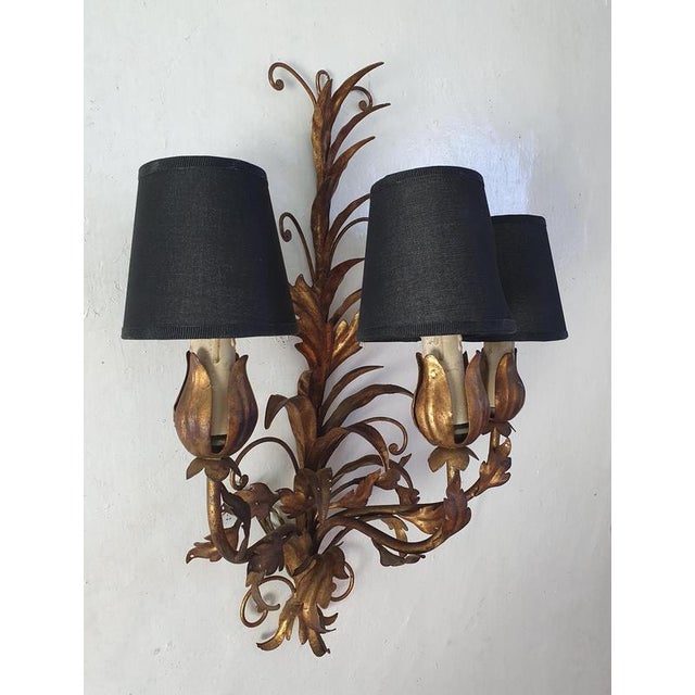 Mid-Century Venetian Tole Wall Sconces with Gilded Leaves, 1950s, Set of 2 For Sale - Image 10 of 11