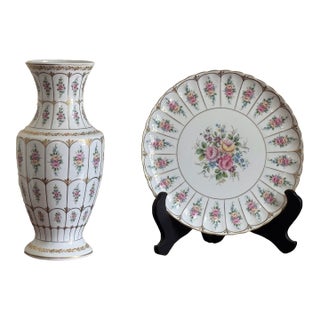 French Limoges Porcelain Baluster Vase & Charger, Hand-Painted Gilt Floral Set For Sale