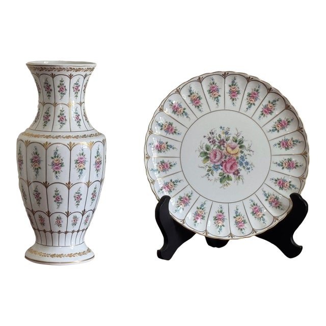French Limoges Porcelain Baluster Vase & Charger, Hand-Painted Gilt Floral Set For Sale