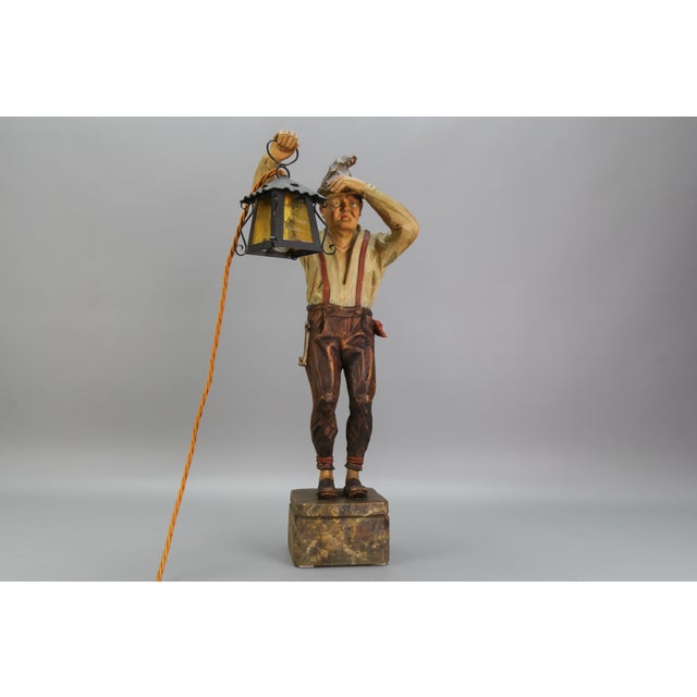 Large Hand-Carved Wooden Sculpture Man with a Lantern, 1930s For Sale - Image 11 of 18