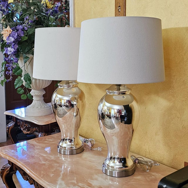 Pair of Vintage Mercury Glass Table Lamps With Light-Gray Drum Shades For Sale In Washington DC - Image 6 of 18
