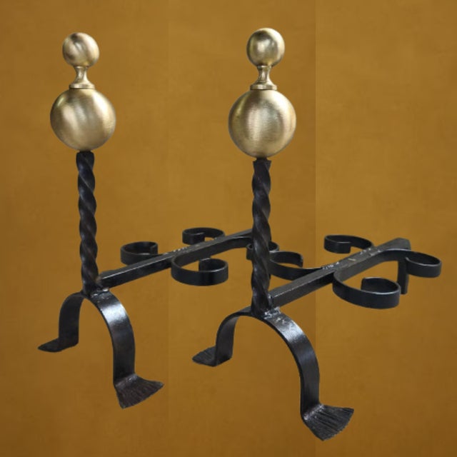 Mid-Century Modern Wrought Iron Andirons with Cast Plain Bronze Ball, 1970s, Set of 2 For Sale - Image 3 of 11