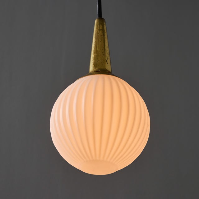 Mid-Century Modern 1950s Brass & Opaline Glass Pendant Attributed to Stilnovo For Sale - Image 3 of 12