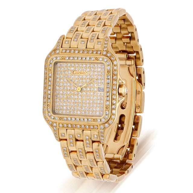 1980s Cartier Panthere Ref 8839 Jumbo 27mm Full Pave Diamond 18k Yellow Gold Watch For Sale In Miami - Image 6 of 11