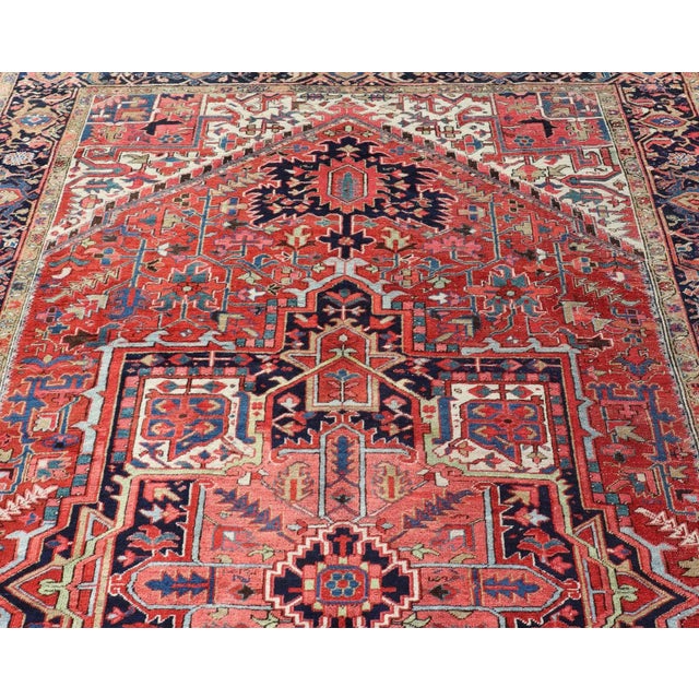 Tribal Antique Persian Heriz With Central Medallion Design in Red and Jewel Tones For Sale - Image 3 of 12