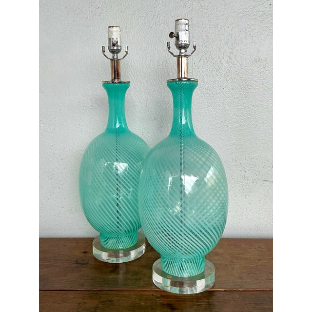 Cerulean Vintage Italian Murano Swirl Glass Lamps - A Pair For Sale - Image 8 of 12