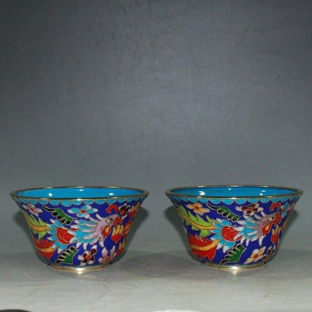 Vintage Cloisonne Enamel Tea Bowls – 3.9" Dragon & Phoenix Cups - Pair For Sale - Image 4 of 9