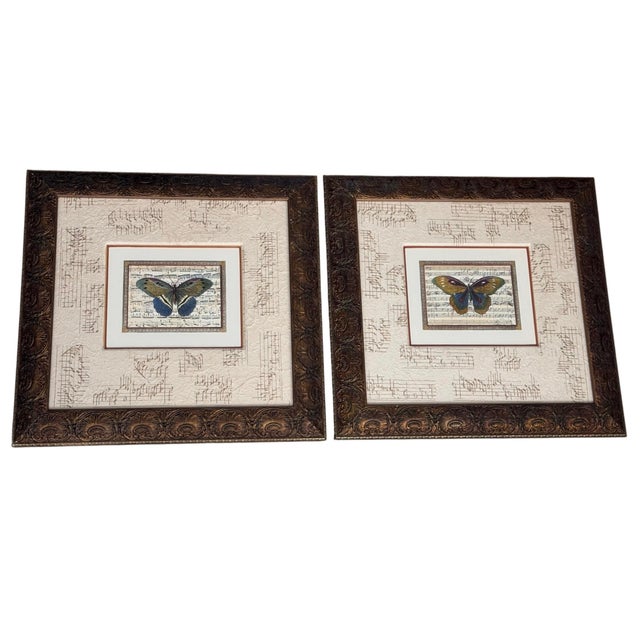 Brown Pair of John Richard Collection Butterfly Music Sheet Framed Art For Sale - Image 8 of 12