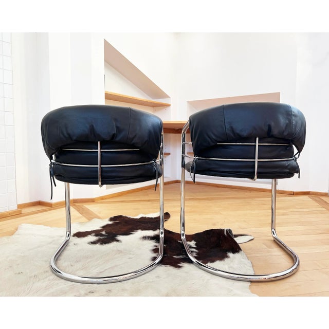 1980s Pair of Postmodern Italian Leather and Polished Chrome Accent Sling Chairs For Sale - Image 10 of 12