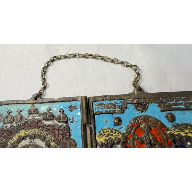 Metal Antique 19th C. Russian Orthodox Enameled Bronze Folding Travel Icon (Skladen) For Sale - Image 7 of 11