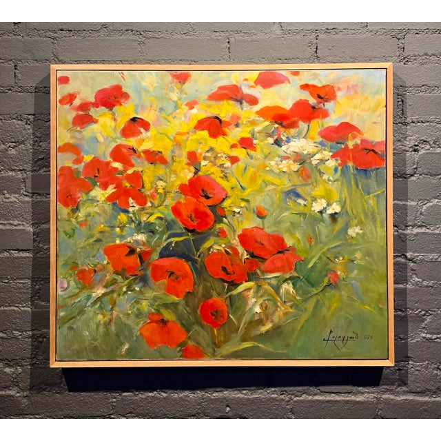 Impressionist Babken Kolozian - Red Poppy Field 1979-Original Armenian Mid-Century Oil Painting For Sale - Image 3 of 13