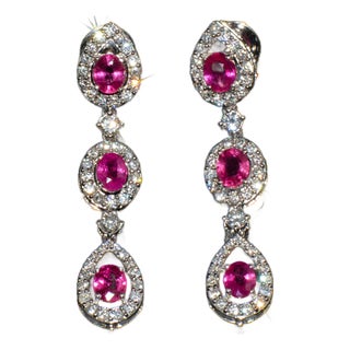 Late 20th Century Pair of Gia 3.99ctw Natural Burma Ruby & Diamond 18k White Gold Dangle Earrings For Sale