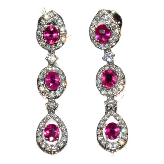 Late 20th Century Pair of Gia 3.99ctw Natural Burma Ruby & Diamond 18k White Gold Dangle Earrings For Sale