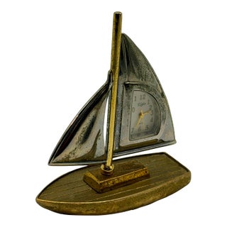 Vintage Elgin Sailboat Desk Clock | Mid-Century Brass & Chrome Nautical Miniature Timepiece For Sale